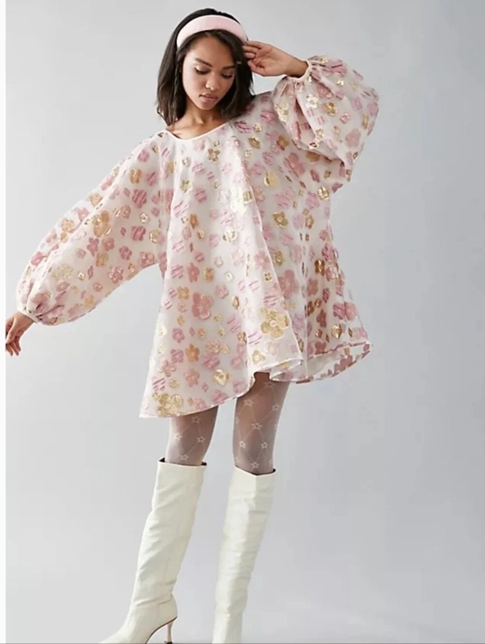 Arianne Elmy Good Luck Organza Pink & Metallic Floral Bubble Sleeve Dress Sz S
